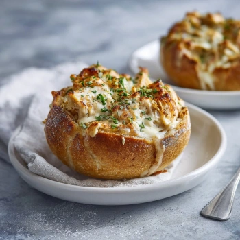 Perfectly cooked Chicken Alfredo Garlic Bread Bowls served and ready to eat - final result