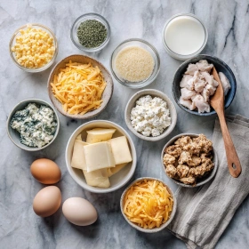 Step-by-step preparation of Cheesy Chicken Bread showing ingredients and initial cooking steps