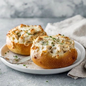 Perfectly cooked Cheesy Chicken Bread Boats served and ready to eat - final result