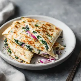 Cooking process for Mediterranean Spinach Quesadillas showing technique and proper timing